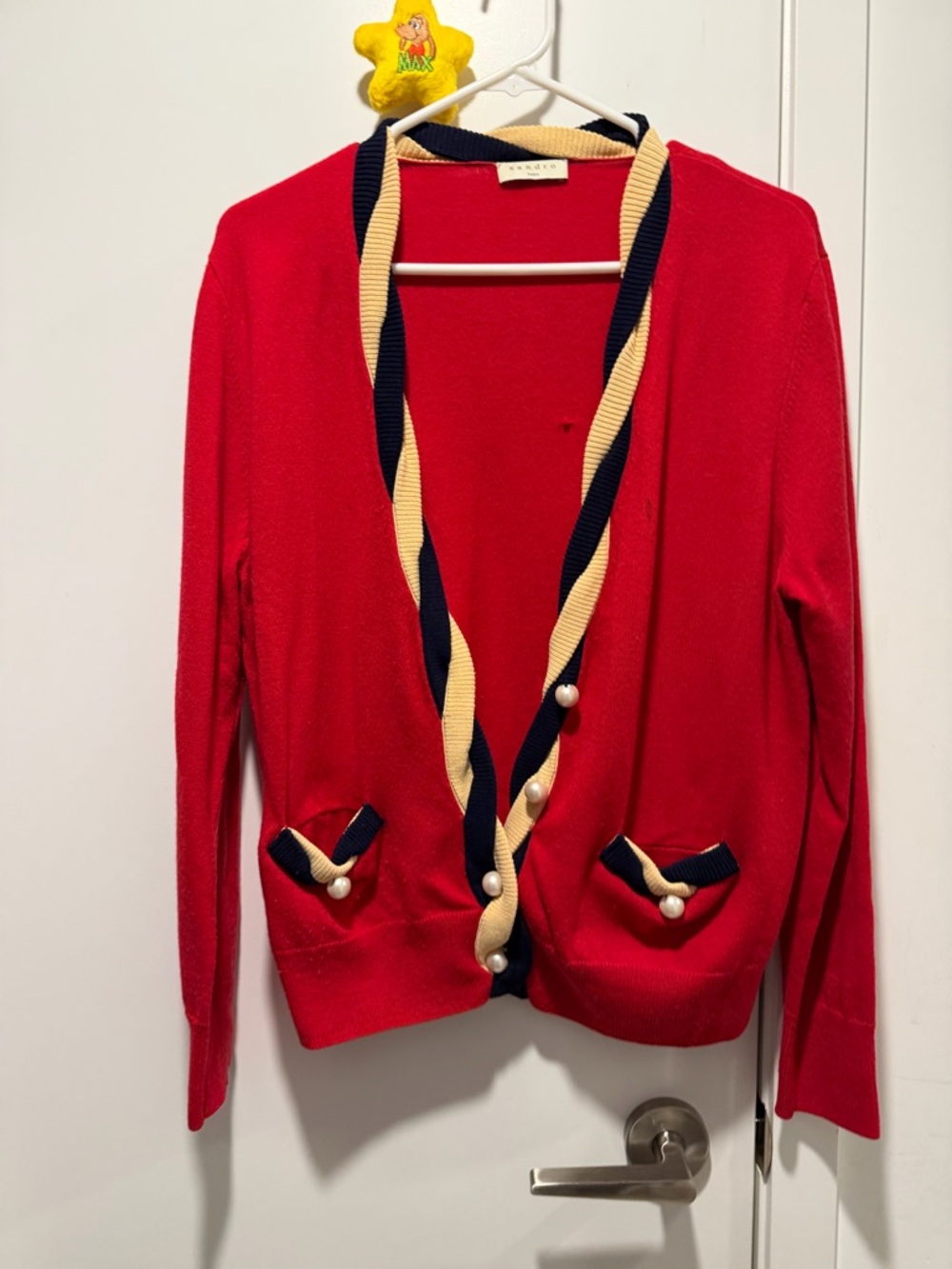 Sandro Red Cardigan with Navy & Cream Braided Trim